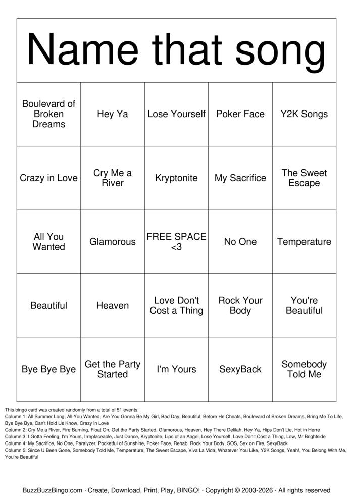 Download Free Y2K Bingo Cards