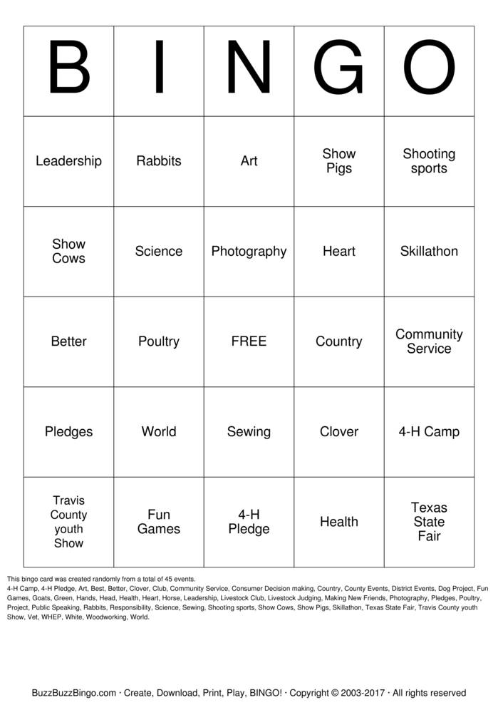Download Free 4H Bingo Bingo Cards
