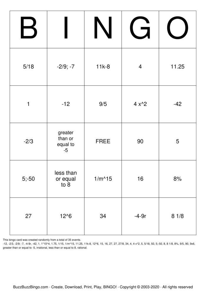 7th grade Math Bingo Cards to Download, Print and Customize!