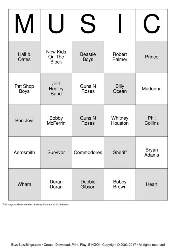 80's Artist Bingo Cards to Download, Print and Customize!