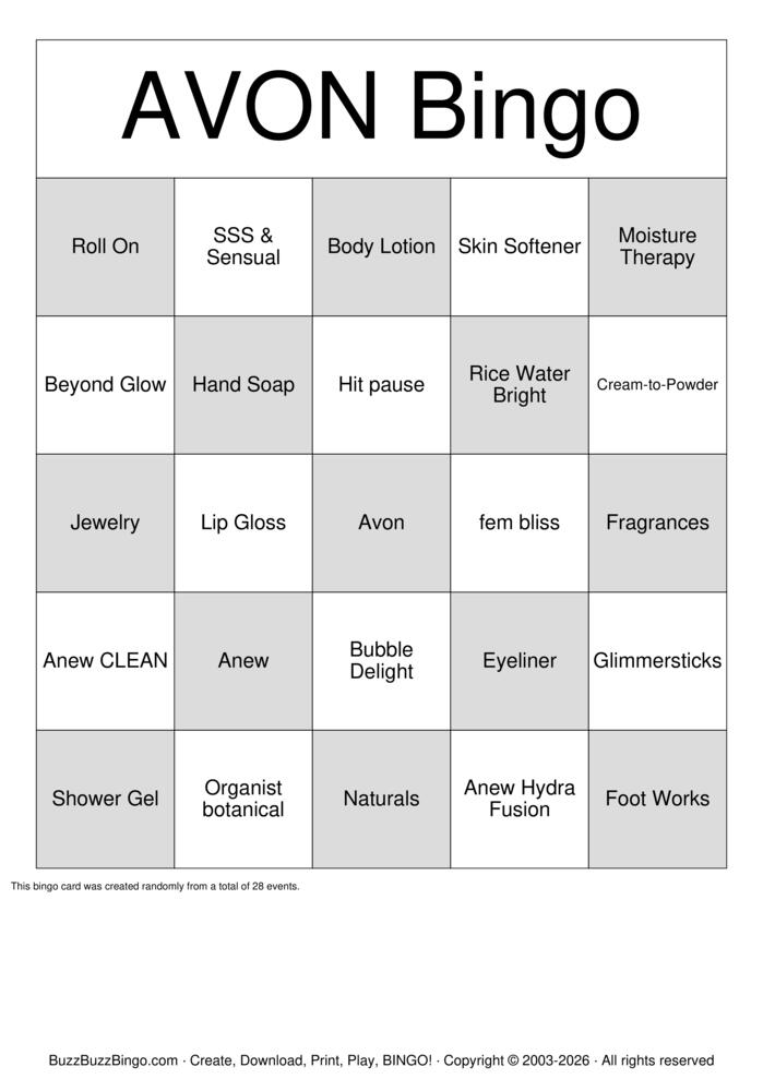 Download Free AVON Bingo Bingo Cards Download Free AVON Bingo Bingo Cards
