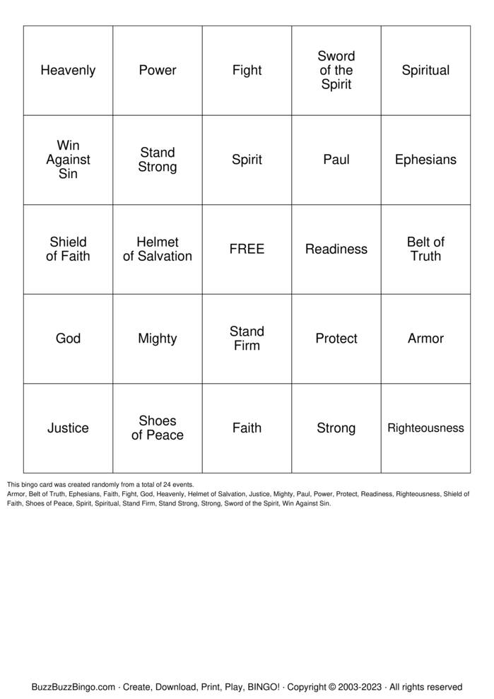 Armor of God Bingo Cards to Download, Print and Customize!