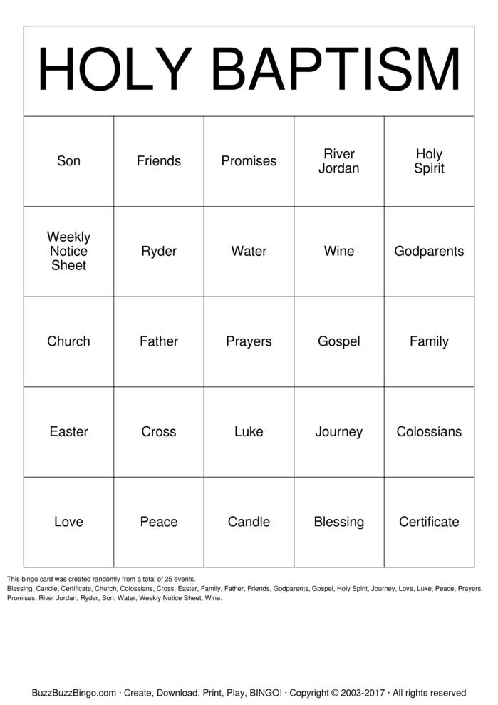 Download Free Baptism Bingo Bingo Cards