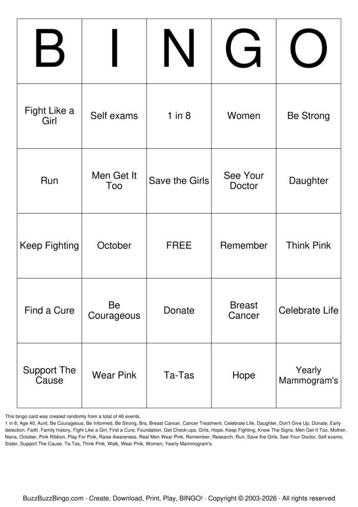 Download Free Breast Cancer Awareness Bingo Cards