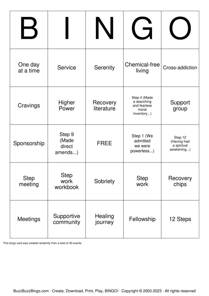 Download Free Chemically Dependent Anonymous Bingo Cards