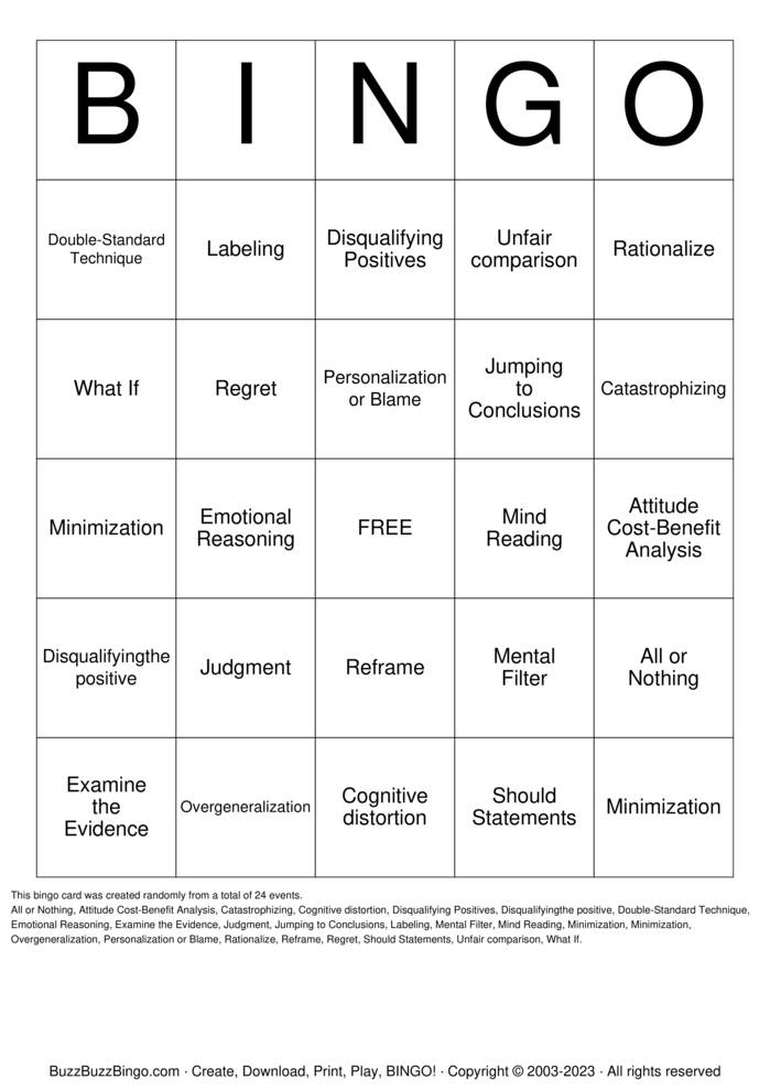 Download Free Cognitive Distortions  Bingo Cards
