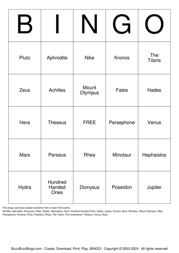 Download Free Greek Mythology Bingo Cards