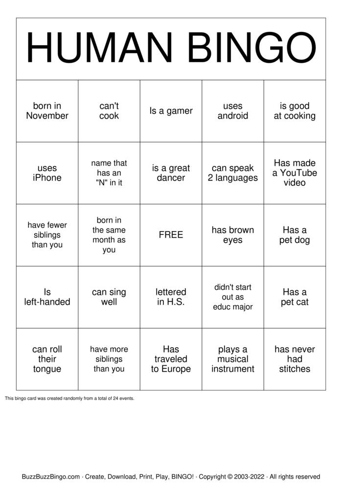 HUMAN BINGO Bingo Cards to Download, Print and Customize!