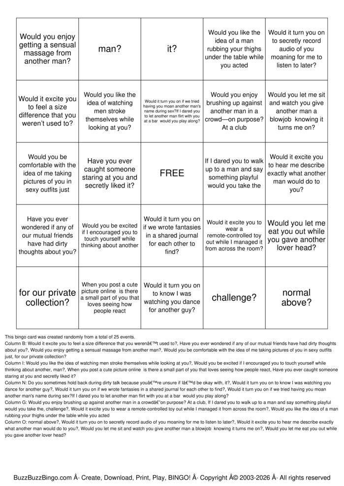 Download Free Hotwife  Bingo Cards