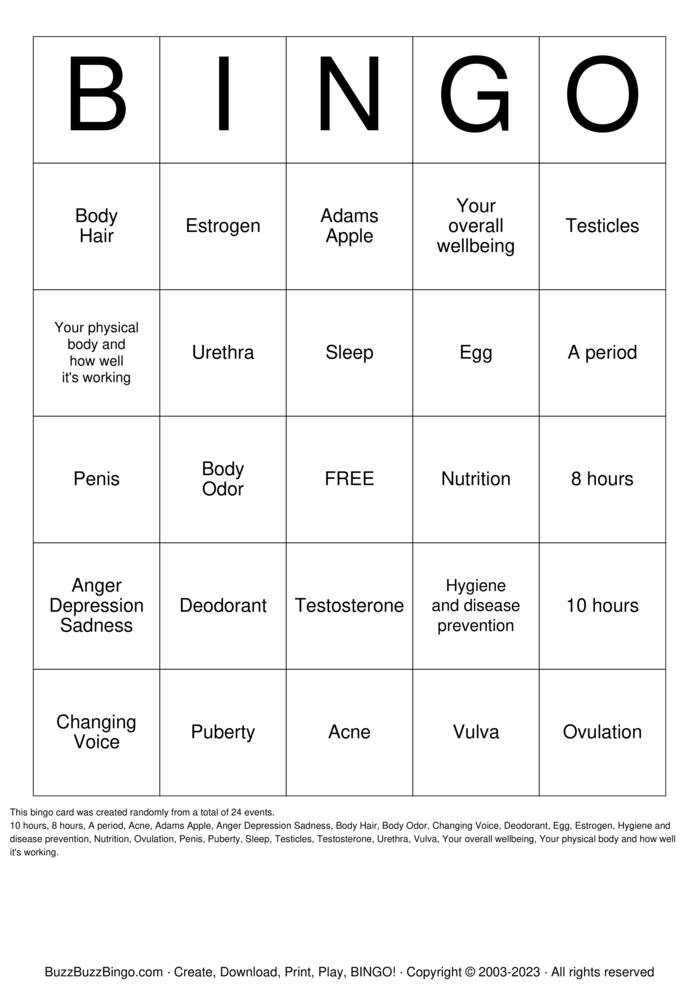 It's Puberty ! Bingo Cards to Download, Print and Customize!