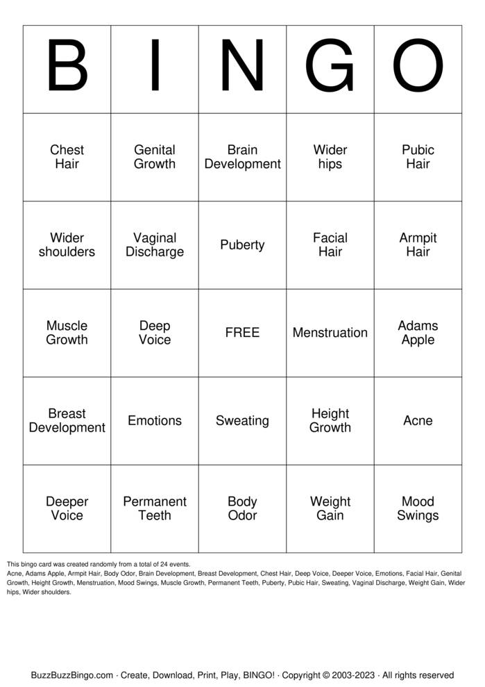 It's Puberty ! Bingo Cards to Download, Print and Customize!