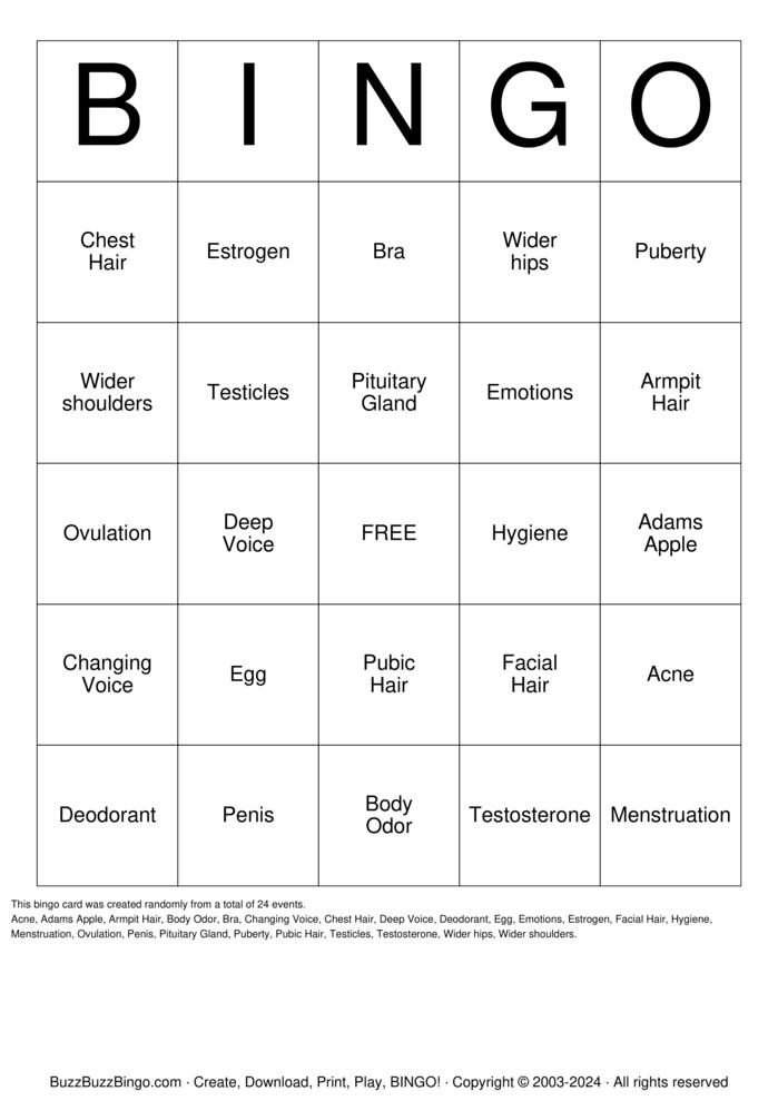 Download Free It's Puberty! Bingo Cards