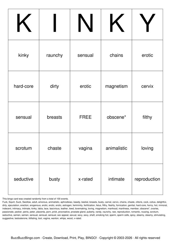 Download Free KINKY BINGO Bingo Cards