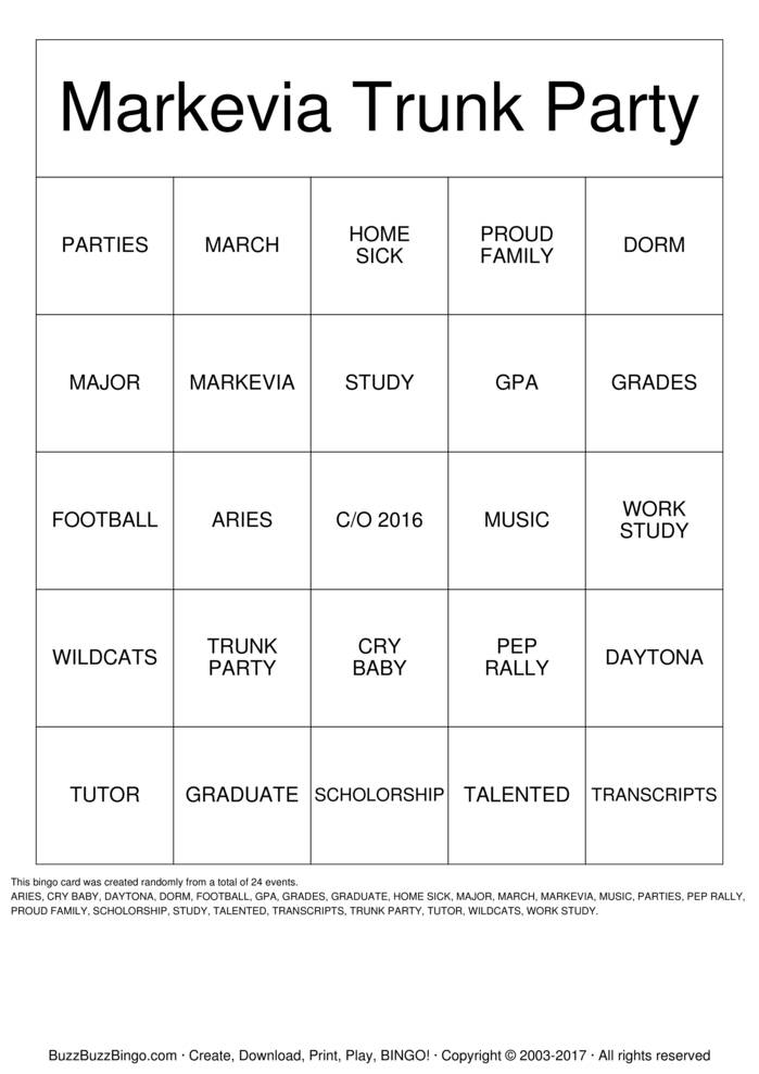Markevia's Trunk Party Bingo Cards to Download, Print and Customize!