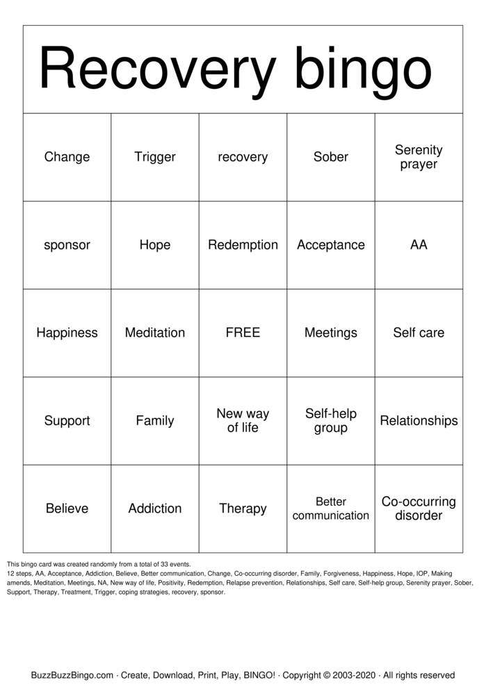 Recovery Bingo Game For Adults Creativetherapystore Recovery Bingo 