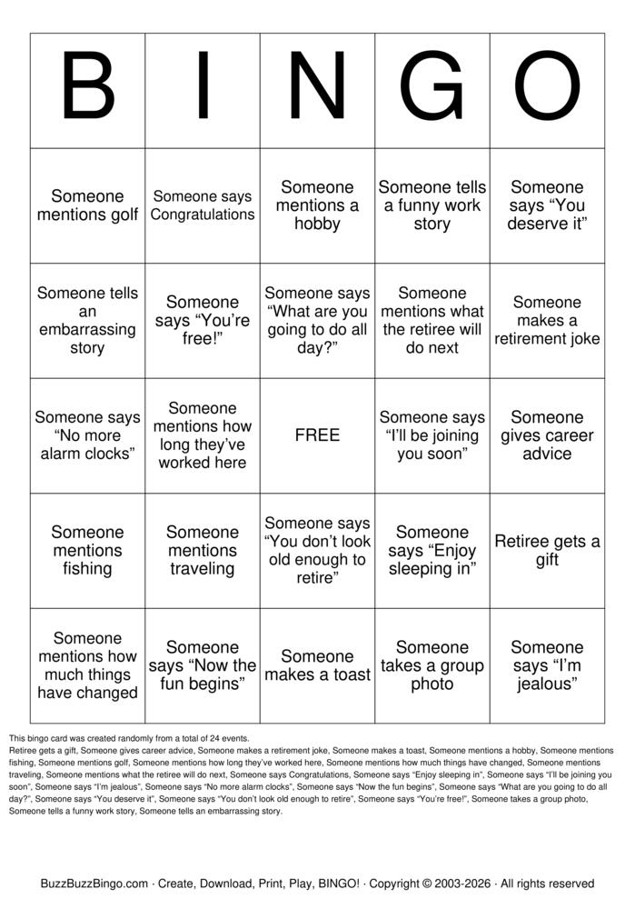 Download Free Retirement Bingo Cards Download Free Retirement Bingo Cards