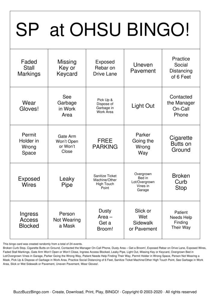 SP at OHSU BINGO! Bingo Cards to Download, Print and Customize!