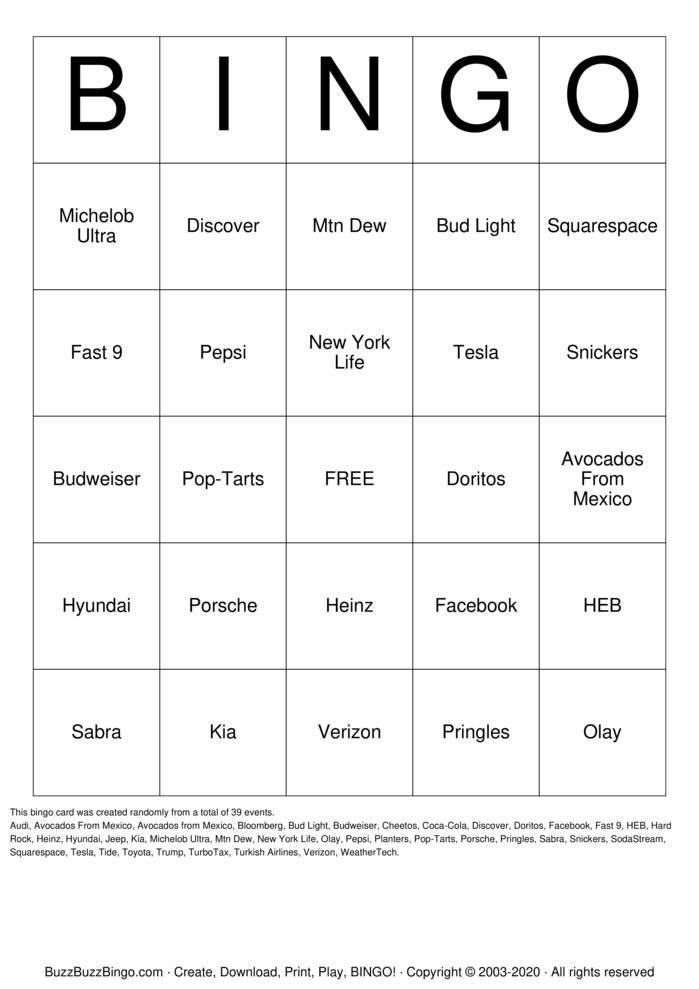 Superbowl Commercials Bingo Cards to Download, Print and Customize!