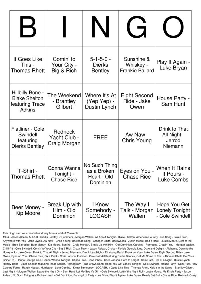Download Free Tailgate Country Bingo Cards