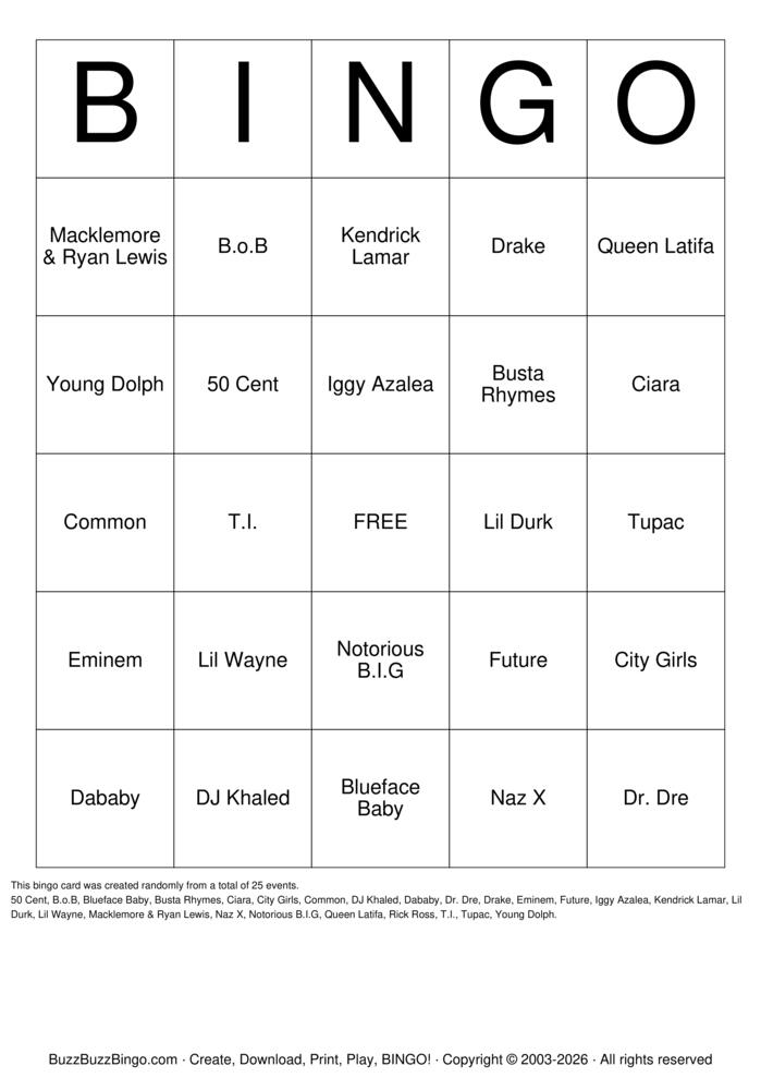 Download Free Trap Music Bingo Cards