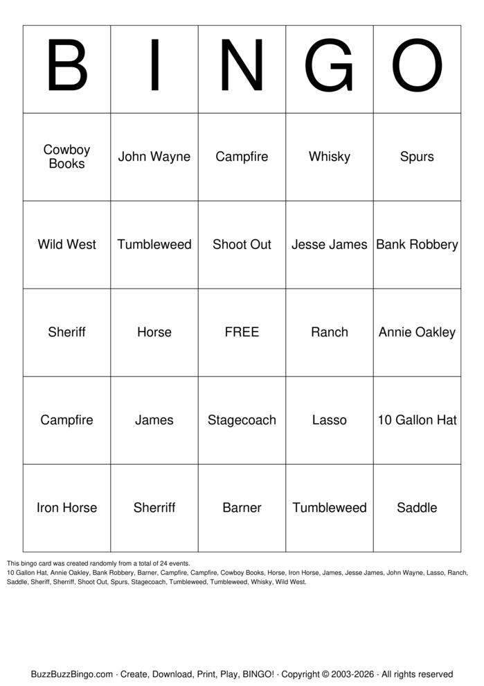 Download Free Western Bingo Cards Download Free Western Bingo Cards
