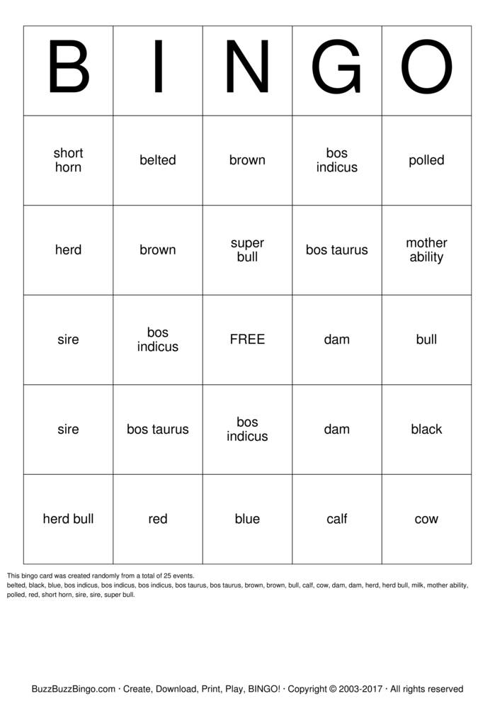 cattle Bingo Cards to Download, Print and Customize!