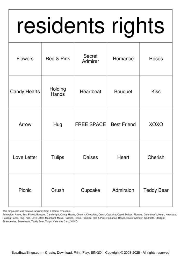resident rights Bingo Cards to Download, Print and Customize!