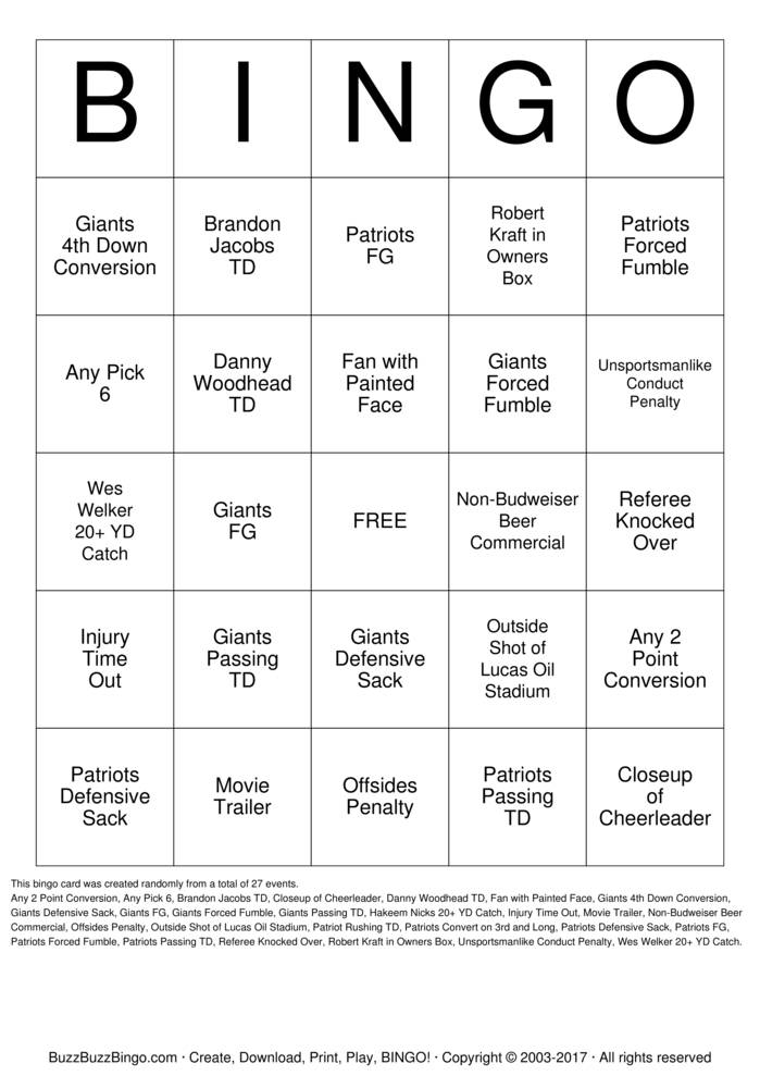 2012 Superbowl NYG vs NE Bingo Cards to Download, Print and Customize!