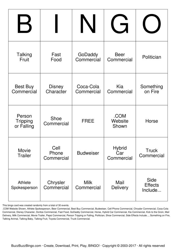 2013 Superbowl Commercials Bingo Cards to Download, Print ...