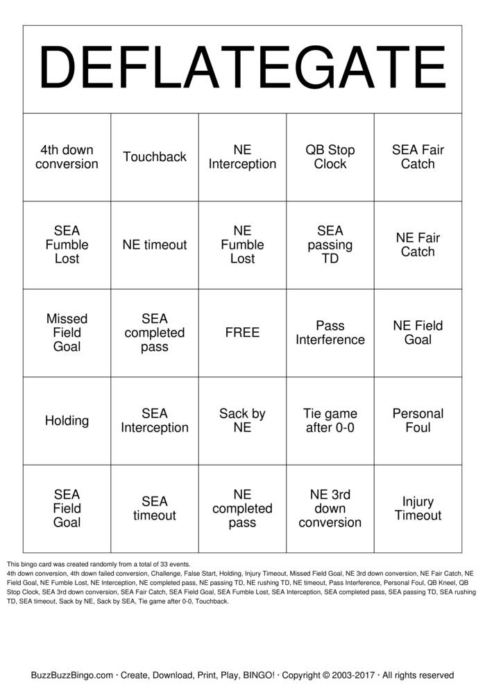2015 Superbowl NE vs SEA Bingo Cards to Download, Print and Customize!
