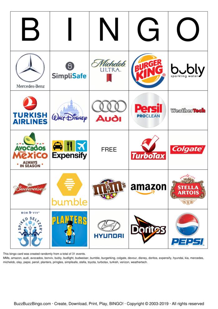 2019 Superbowl Commercial Logos Bingo Cards to Download, Print and ...