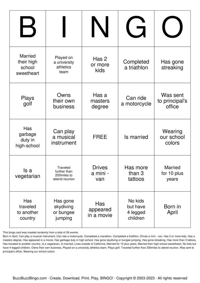 Download Free 20th Class Reunion Bingo Cards Download Free 20th Class Reunion Bingo Cards