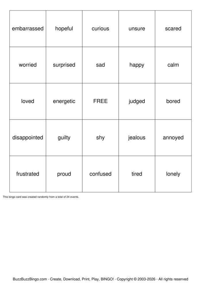 Download Free A time I felt... Bingo Cards Download Free A time I felt... Bingo Cards