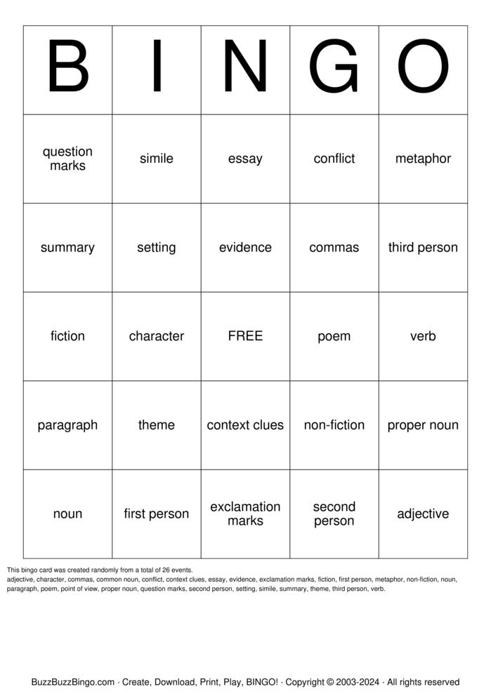 Download Free ELA Mixed Review Bingo Bingo Cards