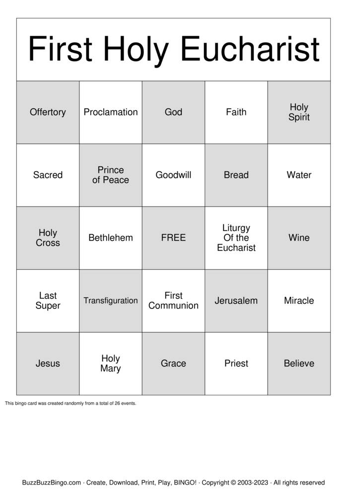 Download Free First Holy Communion Bingo Cards