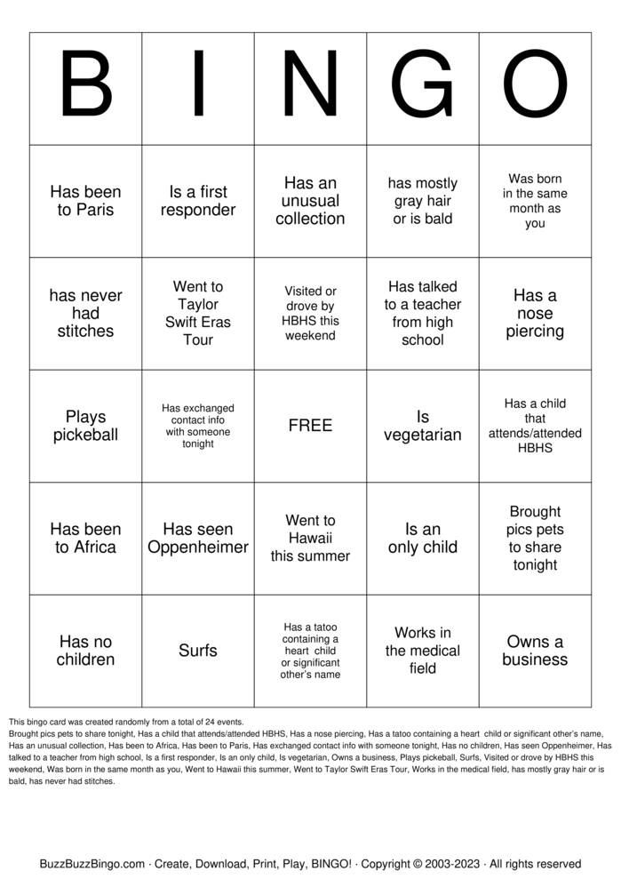 HBHS 30th Class Reunion Bingo Cards to Download, Print and Customize!