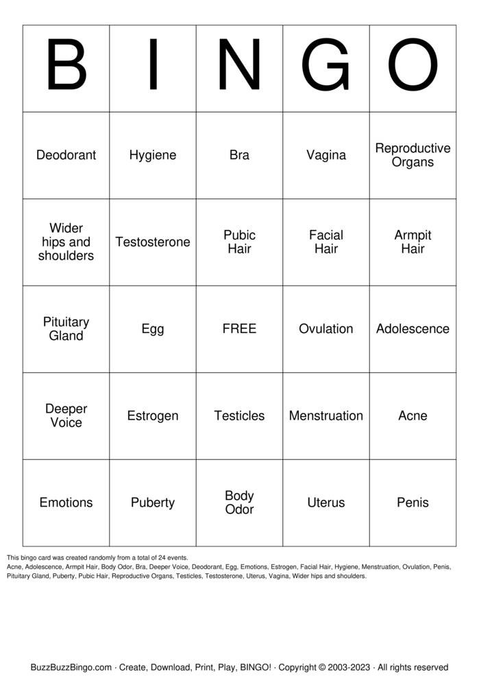 It's Puberty ! Bingo Cards to Download, Print and Customize!