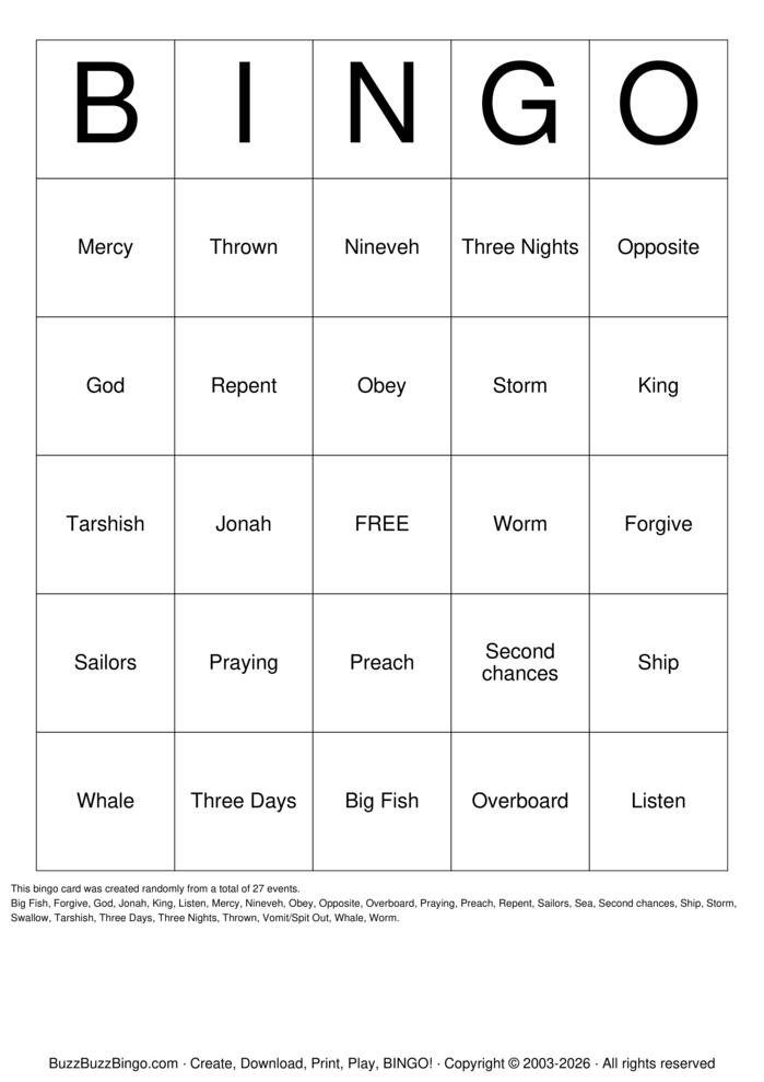 Download Free Jonah and the Whale Bingo Cards Download Free Jonah and the Whale Bingo Cards