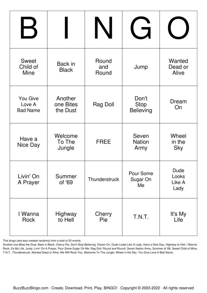 Download Free Rock 'N' Roll Bingo Cards Download Free Rock 'N' Roll Bingo Cards