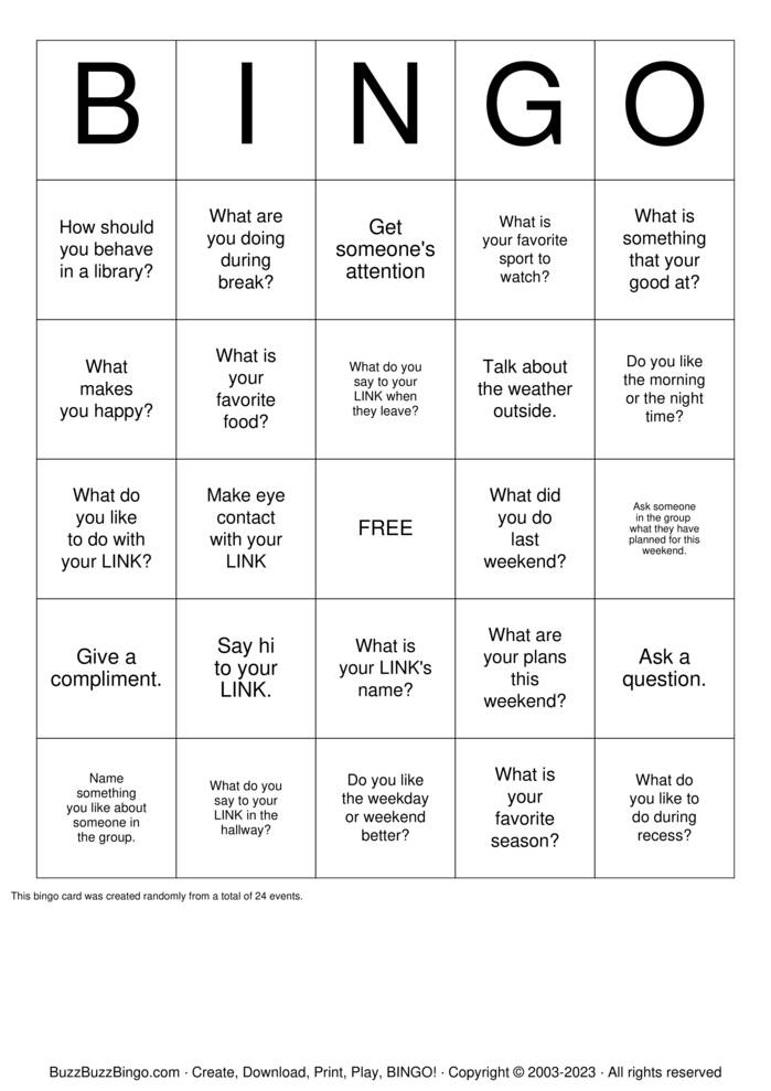 Download Free Social Skills  Bingo Cards