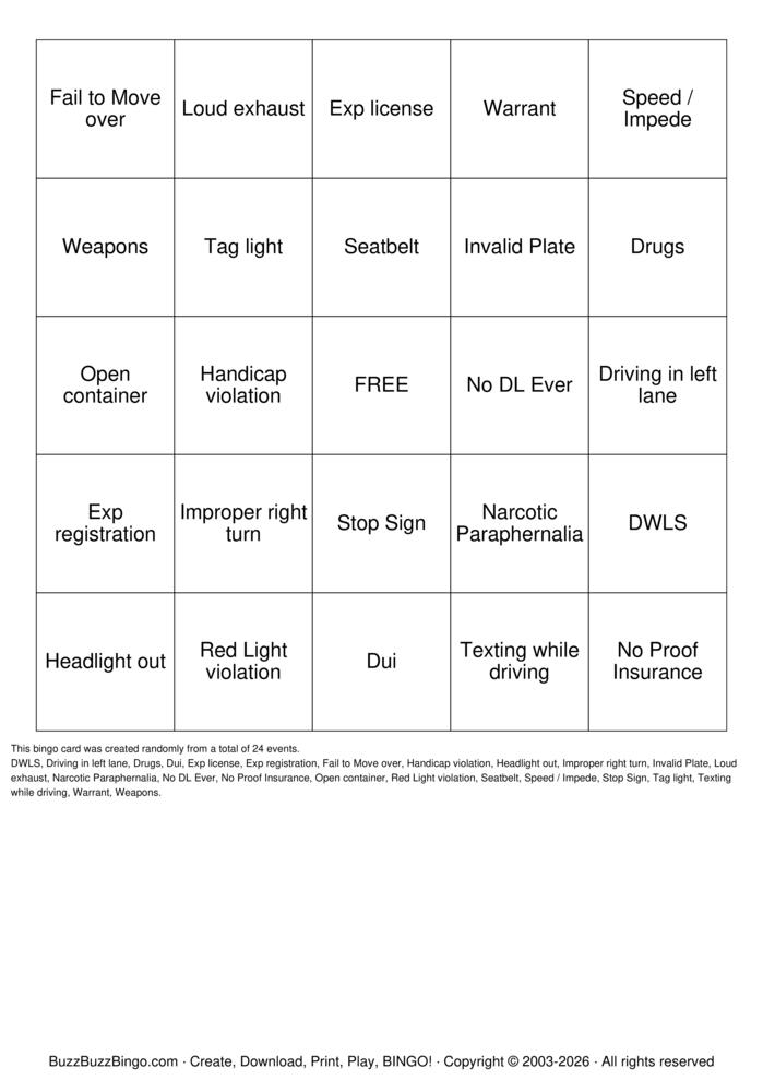 Download Free Traffic Stop Bingo Bingo Cards