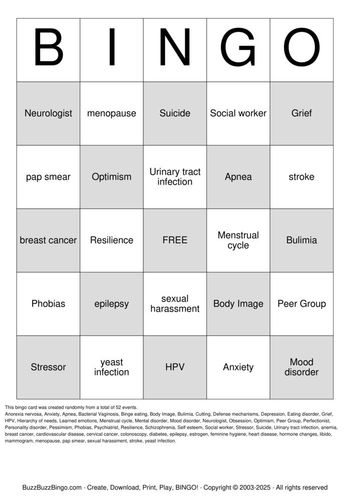 Download Free Women's Health Bingo Bingo Cards