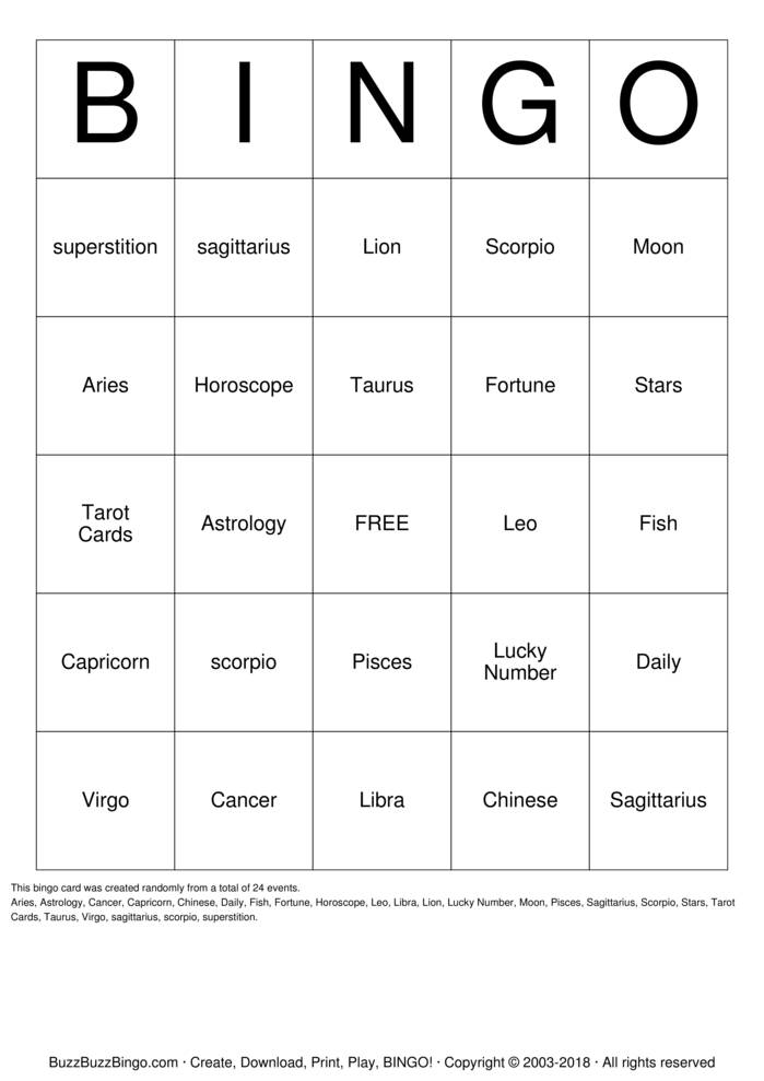 Download Free Zodiac Bingo Cards