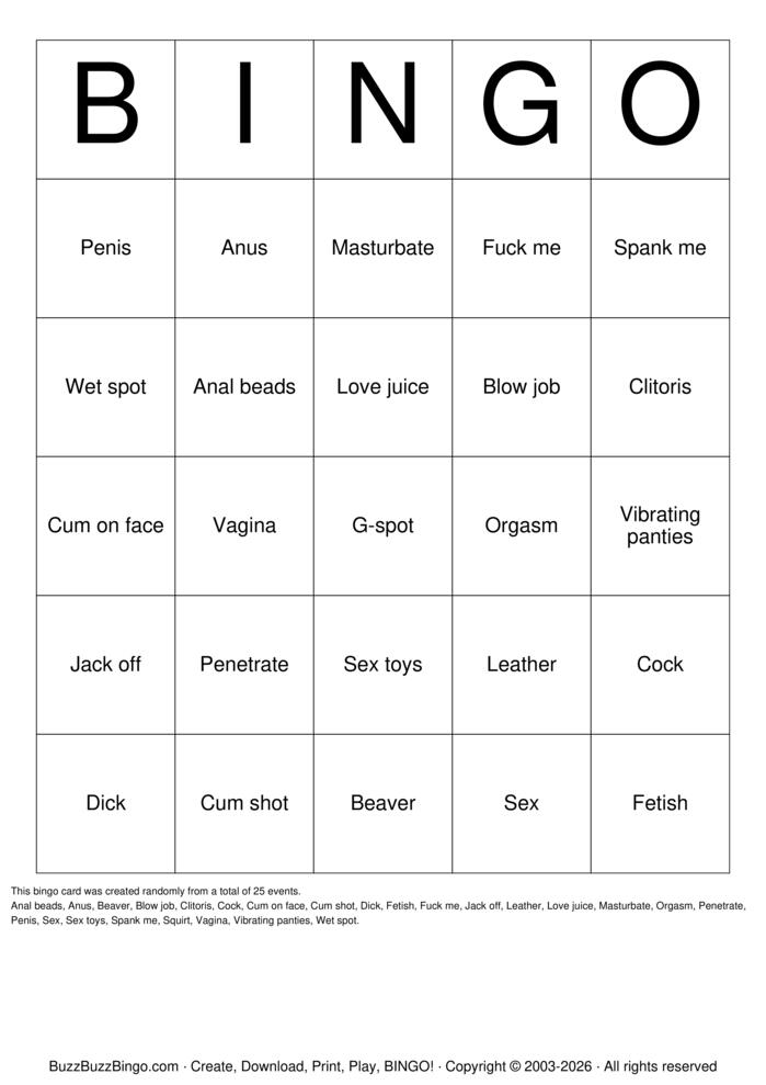 Download Free anal Bingo Cards