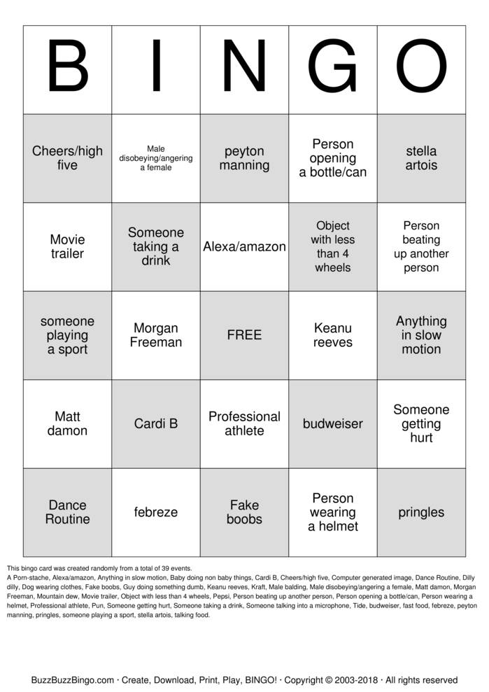 2018 Superbowl Commercials Bingo Cards to Download, Print and Customize!
