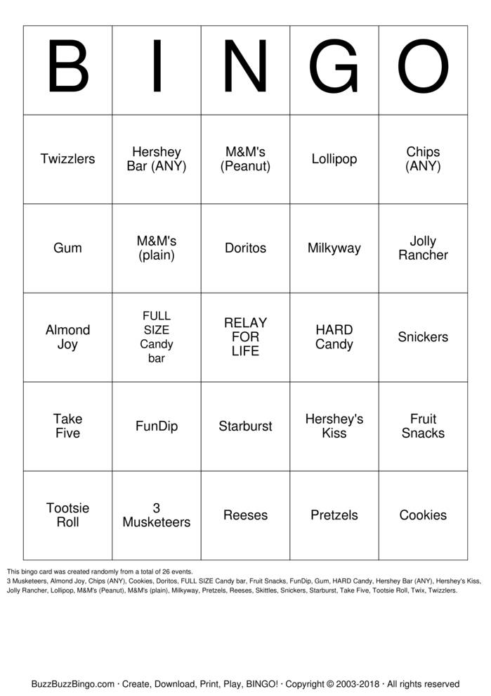 Download Free CANDY Bingo Cards