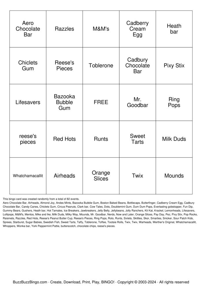 Download Free Candyland  Bingo Cards