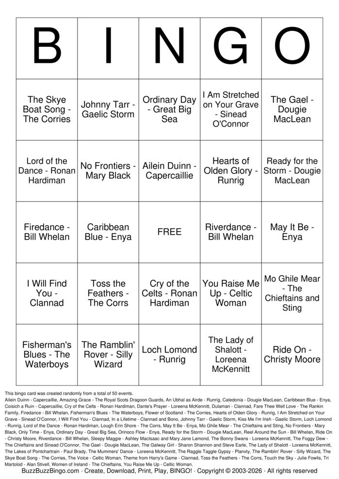 Download Free Celtic Favorites Top 50 Bingo Cards Download Free Celtic Favorites Top 50 Bingo Cards