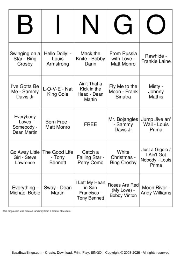 Download Free Crooners & Rat Pack Top 50 Bingo Cards