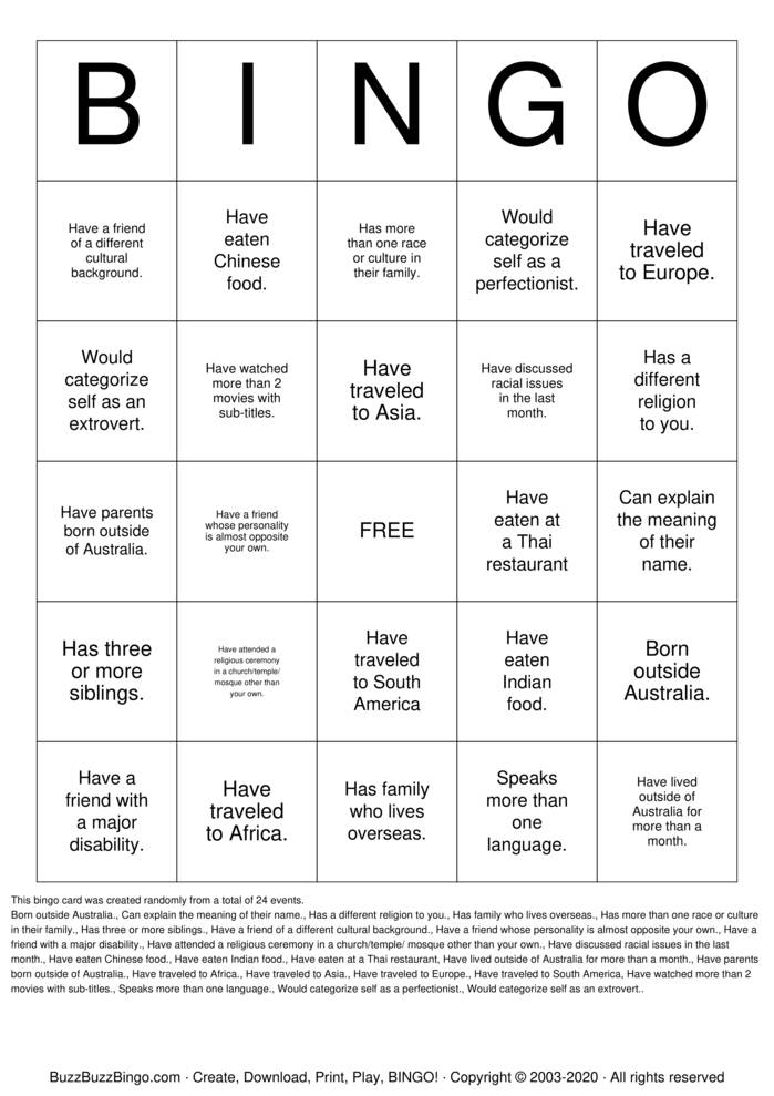 Download Free Cultural Diversity Bingo Cards